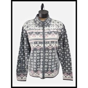 Icelandic Design Zipper Cardigan Sweater Snowflake Angora Blend Gray Pink Large